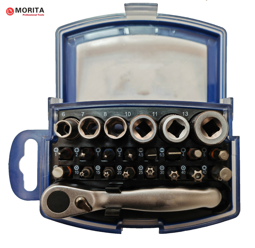 Torcedor y conector y conjunto de bits de 1/4 &quot;conducción 25 pcs de acero S2/CR-V con clip de cinturón giratorio Mini llave de ratón