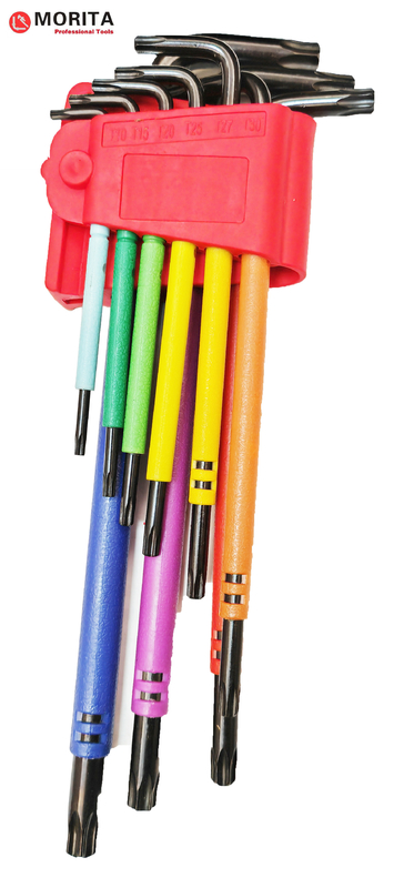 Conjunto de destornillador y toma de corriente de múltiples colores Torx End Allen Key 9 Pce CR-V Acero T10-T50 Envuelto en plástico de colores