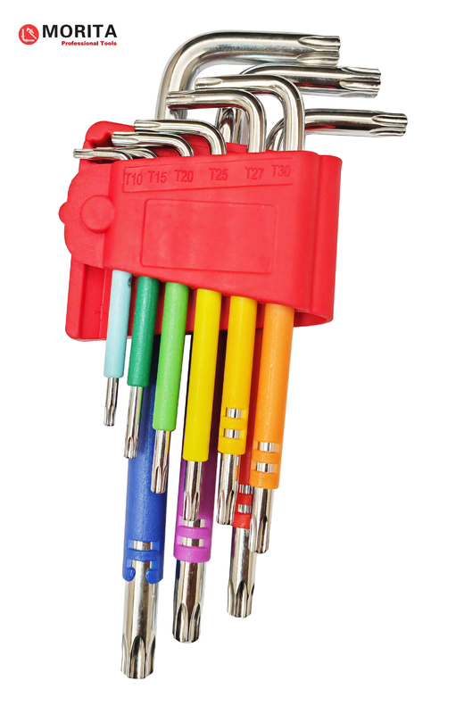 Conjunto de destornillador y toma de corriente de múltiples colores Torx End Allen Key 9 Pce CR-V Acero T10-T50 Envuelto en plástico de colores